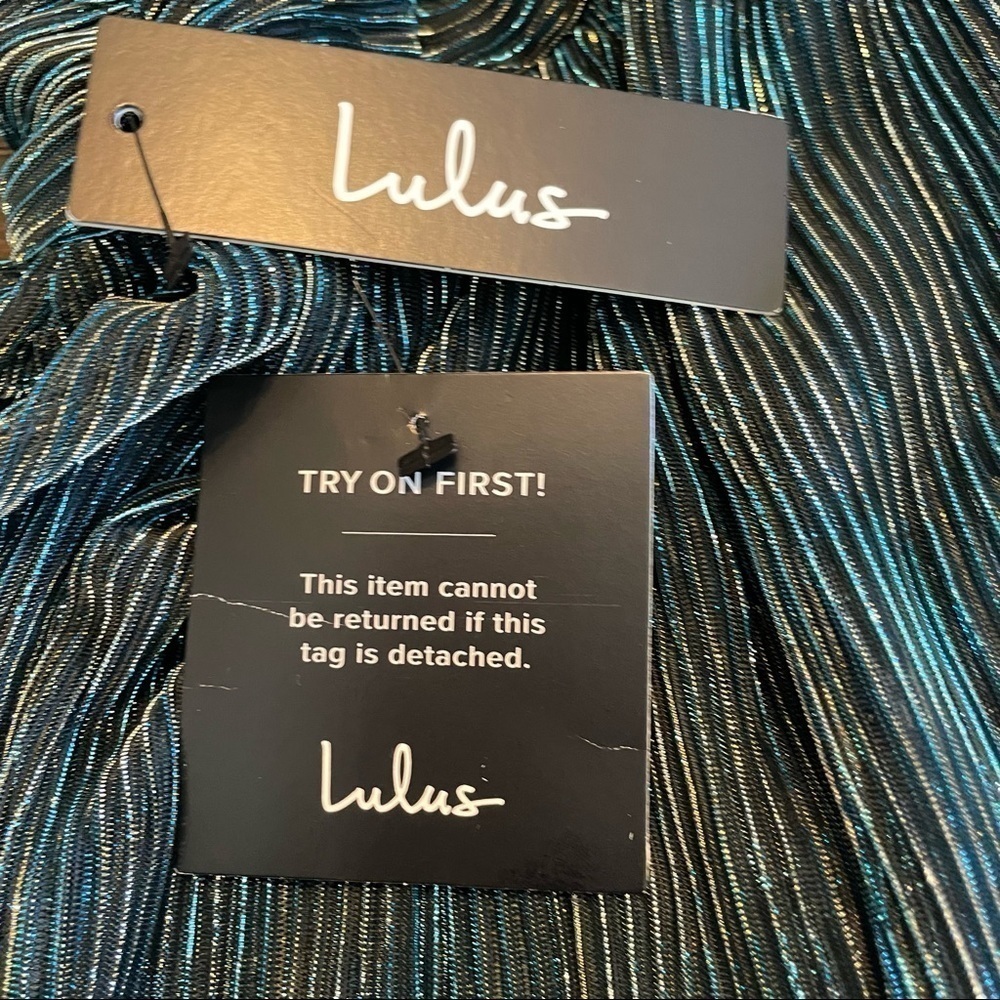 Lulu’s Ailey Gold and Teal Blue Skater Mini Dress w/ Metallic Gold Threading NWT - Picture 9 of 14